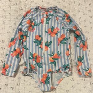 Old Navy Blue & White Stripe Rash Guard One-Piece with Orange Fruit Print